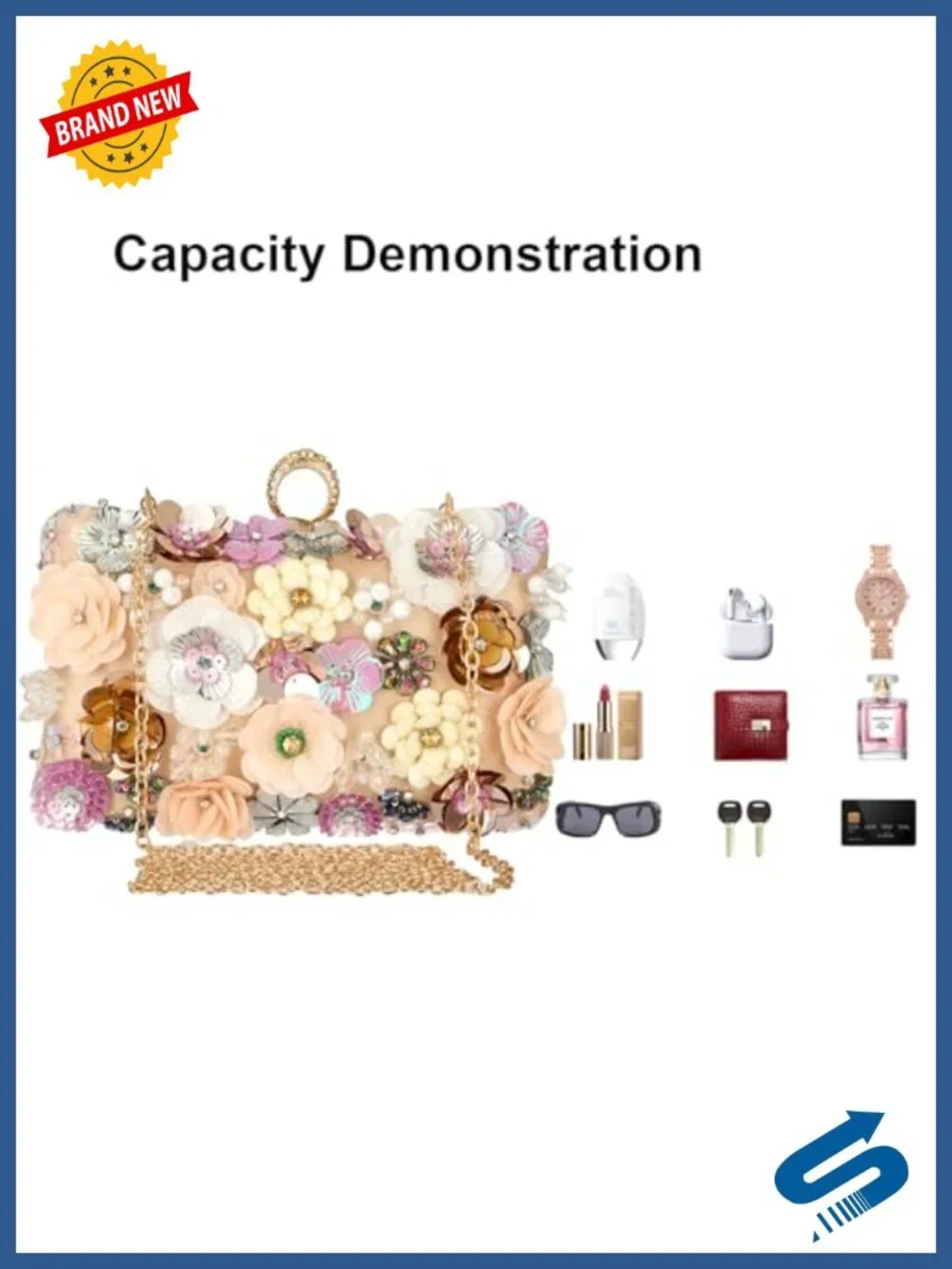 Womens Floral Sequin Rhinestone Evening Clutch with Detachable Chain